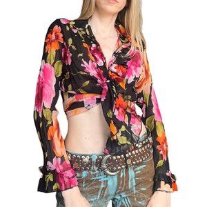 100% silk vintage 90s floral print ruffle shirt